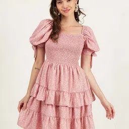 DRIRO Puff Sleeve Smocked Layered Fit & Flare Above Knee Dress-picture-42