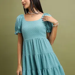 Tokyo Talkies Sea Green Self Design Puff Sleeve Fit & Flare Dress-image-35