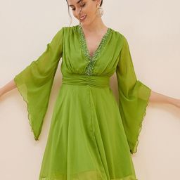 Antheaa Embelllished V-Neck Flared Sleeves Fit & Flare Dress-image-53
