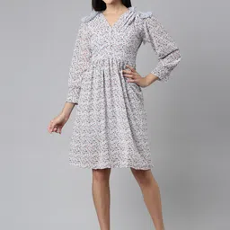 SHOWOFF Geometric Printed Puff Sleeve V-Neck Fit & Flare Dress-image-83