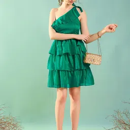 KASSUALLY Green One-Shoulder Ruffled Chiffon Fit & Flare Dress-image-37