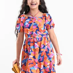 Hola Bonita Girls Floral Printed Puff Sleeves Ruched Fit & Flare Dress-picture-9