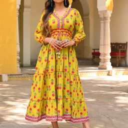 SAVI Cotton Floral Printed V-Neck Fit & Flare Dress-image-13