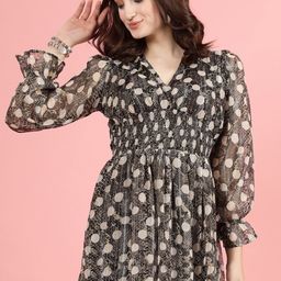 plusS Floral Printed V-Neck Smocked Puff Sleeve Fit & Flare Dress-32