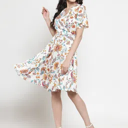 Sera Off White & Yellow Floral Printed Tie-Up Detail Wrap Dress-picture-6