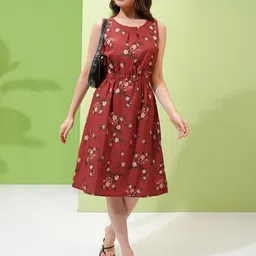 Tokyo Talkies Rust Brown & Green Floral Printed Fit & Flare Dress-image-51