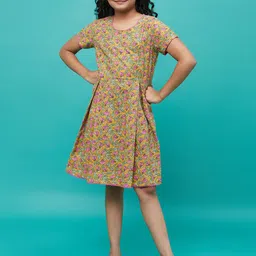 Aks Kids Girls Floral Printed Pleated Cotton A-Line Dress-image-98