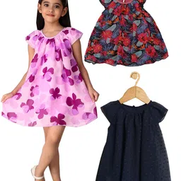 Creative Kids Girls Pack Of 3 Floral Print Round Neck Fit & Flare Dresses-picture-22