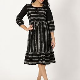 Saffron Threads Ethnic Motifs Embroidered Tie Up Neck Cotton & Linen A-Line Midi Dress-image-74