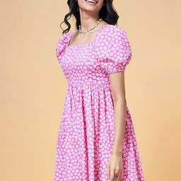 People Pink Floral Printed Puff Sleeves Fit & Flare Dress-image-72