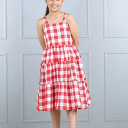 AWW HUNNIE Checked Shoulder Straps Fit & Flare Cotton Tiered Dress-image-1