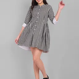 Mera Rang Mandarin Collar Checked Fit & Flare Dress-picture-14