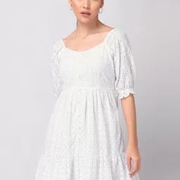 FabAlley White Self Design Puff Sleeve Fit & Flare Cotton Schiffli Dress-image-81