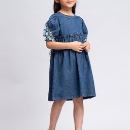 HERE&NOW Girls Navy Blue Floral Embroidered Cotton A-Line Dress-image-84