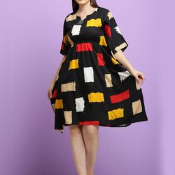 BAESD Notch Neck Checked Crepe Casual Fit & Flare Dress-image-14