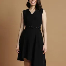 Allen Solly Woman V-Neck Asymmetric Fit & Flare Midi Dress With Belt-image-7