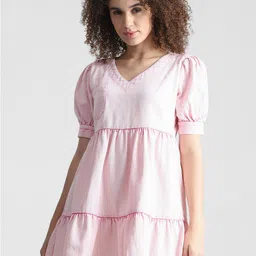 ONLY Puff Sleeves Pocket Detail V-Neck Pure Cotton Denim Mini Fit & Flare Dress-image-4