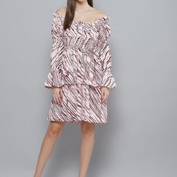 DENNISON Peach-Coloured Off-Shoulder Crepe Fit & Flared Smocked Dress-image-82