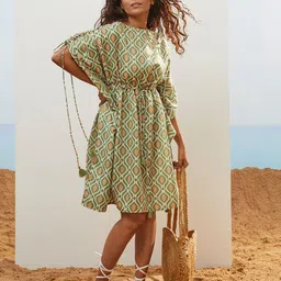 CMGE Round Neck Floral Printed Satin Kaftan Dress-image-95