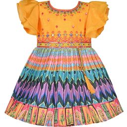 Wish Karo Girls Print Thread Work Flutter Sleeve Satin Fit & Flare Dress-13