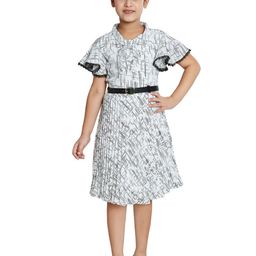 Peppermint Girls Abstract Printed High Neck Flutter Sleeves Belted Detail A-Line Dress-picture-19