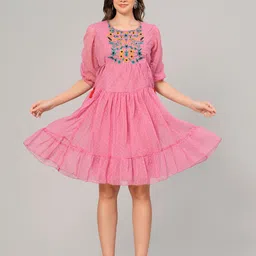 HIGHLIGHT FASHION EXPORT Floral Embroidered Georgette Fit & Flare Above Knee Dress-image-83