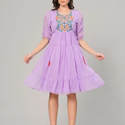 HIGHLIGHT FASHION EXPORT Floral Embroidered Georgette Fit & Flare Above Knee Dress-image-35