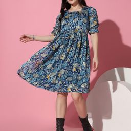 FASHION DREAM Floral Print Square Neck Puff Sleeves Georgette Fit & Flare Dress-image-85
