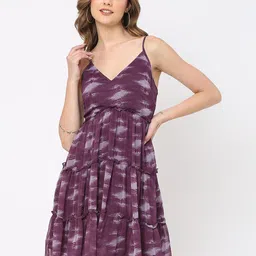 MISH Purple Abstract Printed Shoulder Straps Tiered Fit & Flare Dress-picture-11