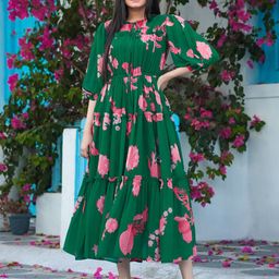 Masakali.Co Floral Printed Round Neck Long Sleeves Fit & Flare Dress-picture-46