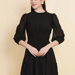 RAASSIO High Neck Puff Sleeve Fit & Flare Mini Dress-image-42