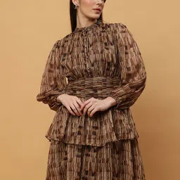 Beatnik Abstract Printed Mandarin Collar Full Sleeve Georgette Fit & Flare Dress-image-41