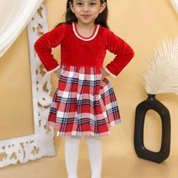 BownBee Girls Checked Round Neck Velvet Fit & Flare Dress-image-84