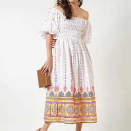 Pannkh Ethnic Motifs Print Off-Shoulder Flared Sleeve Fit & Flare Midi Dress-image-20