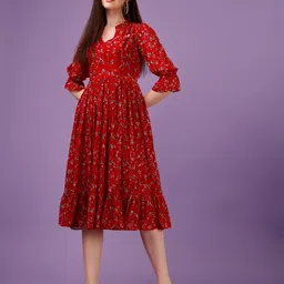 KALINI Floral Print Mandarin Collar Bell Sleeve Georgette Fit & Flare Midi Dress-image-54