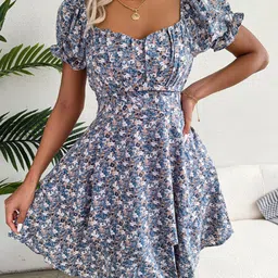 StyleCast Blue Sweetheart Neck Floral Printed Puff Sleeve Chiffon Fit & Flare Mini Dress-image-67