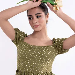 Stylecast X Hersheinbox Polka Dot Printed Puff Sleeves Fit & Flare Mini Dress-image-32