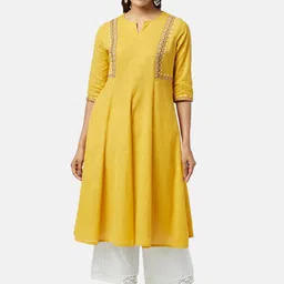 RANGMANCH BY PANTALOONS Floral Embroidered Anarkali Notch Neck Kurta-image-5