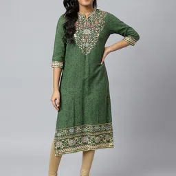 AURELIA Women Green & Yellow Ethnic Motifs Yoke Design Kurta-picture-34