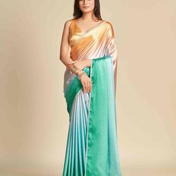 Mitera Green & Orange Ombre Satin Saree-image-39