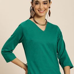 Sangria Women Green Pure Cotton Geometric Printed Kurta with Trousers-image-93