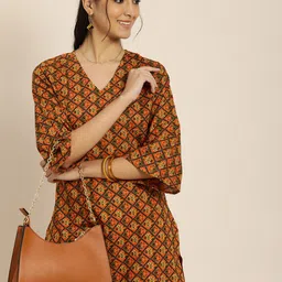 Sangria Women Orange Pure Cotton Bandhani Printed Kurta with Trousers-picture-41