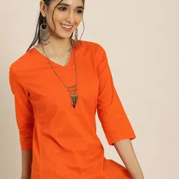 Sangria Women Orange Pure Cotton Geometric Printed Kurta with Trousers-16