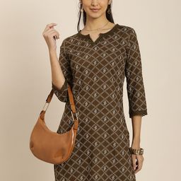 Sangria Women Brown Geometric Printed Kurta with Trousers-picture-28
