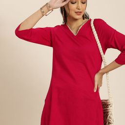 Sangria Women Pink Pure Cotton Geometric Printed Kurta with Trousers-image-91