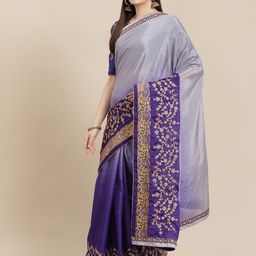 Mitera Blue & Multicoloured Ombre Embroidered Pure Chiffon Heavy Work Saree-image-55