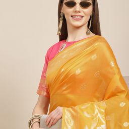 Mitera Yellow & Gold-Toned Floral Silk Cotton Banarasi Saree-image-19