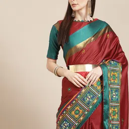 Mitera Red & Blue Ethnic Motifs Embroidered Silk Cotton Chanderi Saree-picture-20