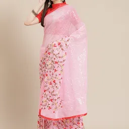 Mitera Pink Sequinned Saree with Floral Embroidery-picture-51