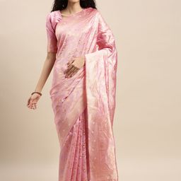 Mitera Pink & Cream-Coloured Woven Design Banarasi Saree-image-22